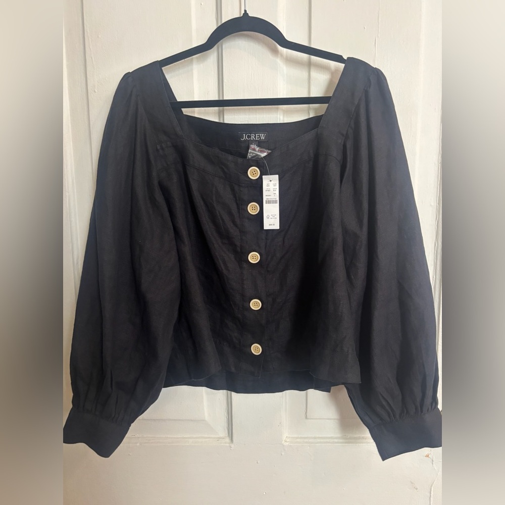 J Crew square neck button up linen top, boxy cut, size large, black, nwt